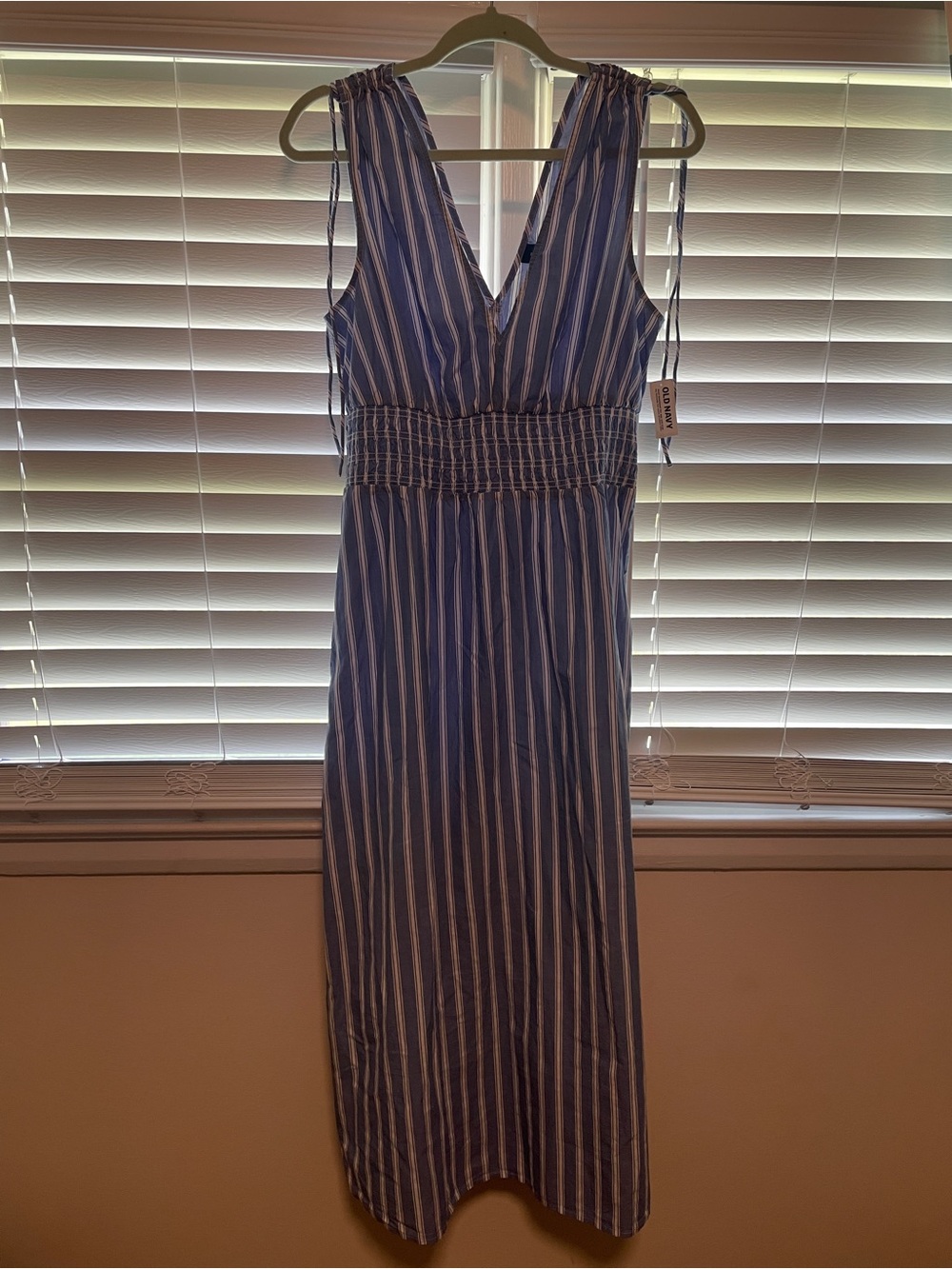 Striped V-Neck Smocked Waist Maxi Dress - Blue/White